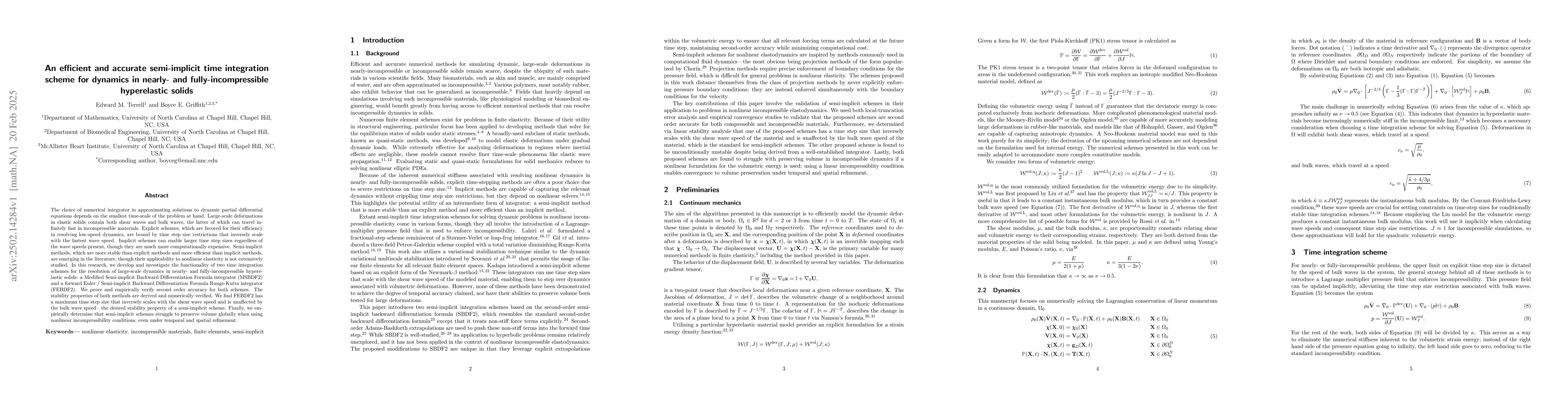 Thumbnail for An efficient and accurate semi-implicit time integration scheme for
  dynamics in nearly- and fully-incompressible hyperelastic solids