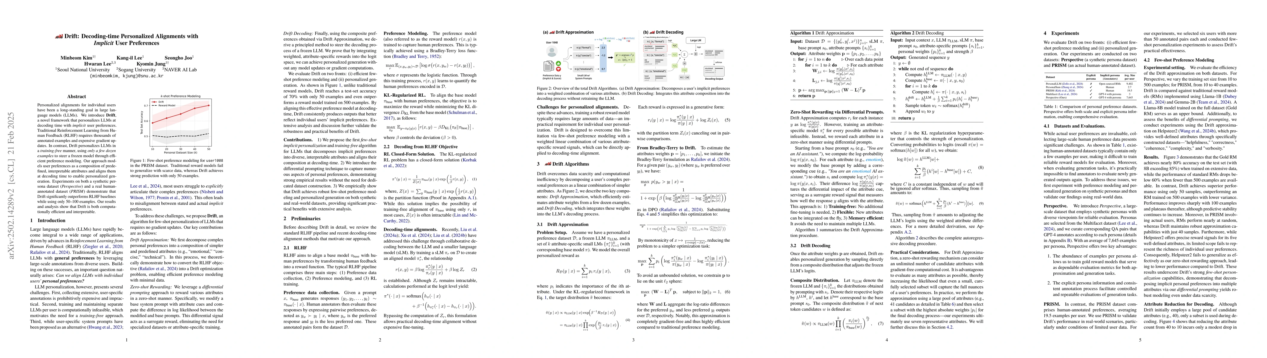 Thumbnail for Drift: Decoding-time Personalized Alignments with Implicit User
  Preferences