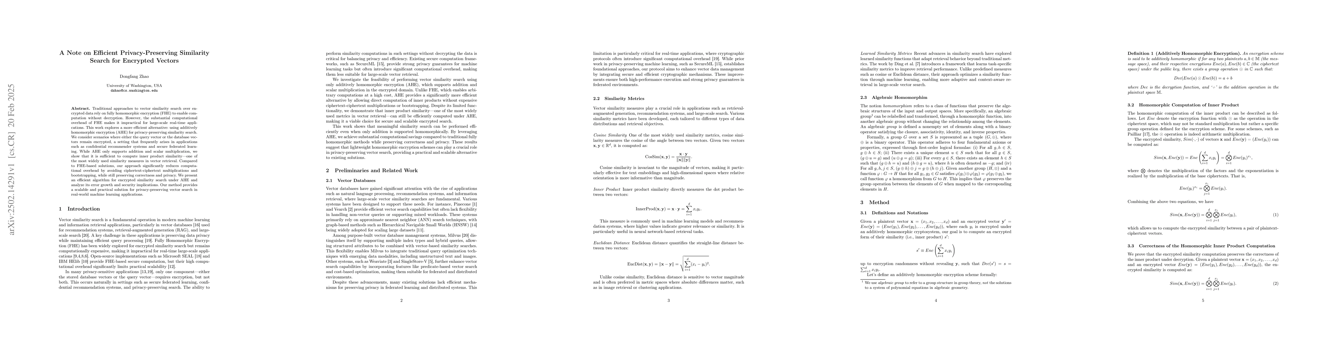Thumbnail for A Note on Efficient Privacy-Preserving Similarity Search for Encrypted
  Vectors