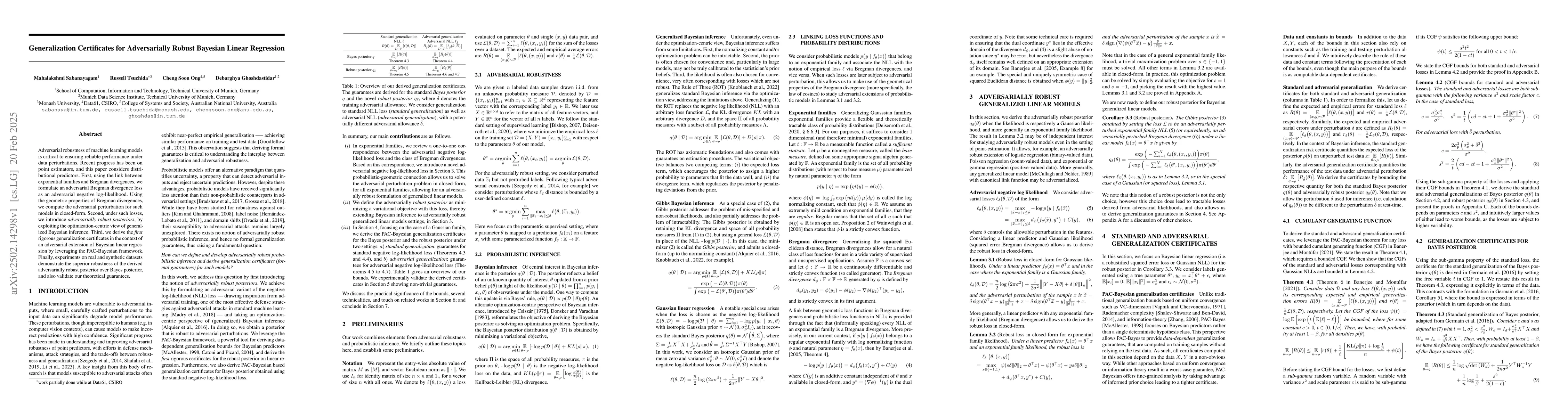 Thumbnail for Generalization Certificates for Adversarially Robust Bayesian Linear
  Regression
