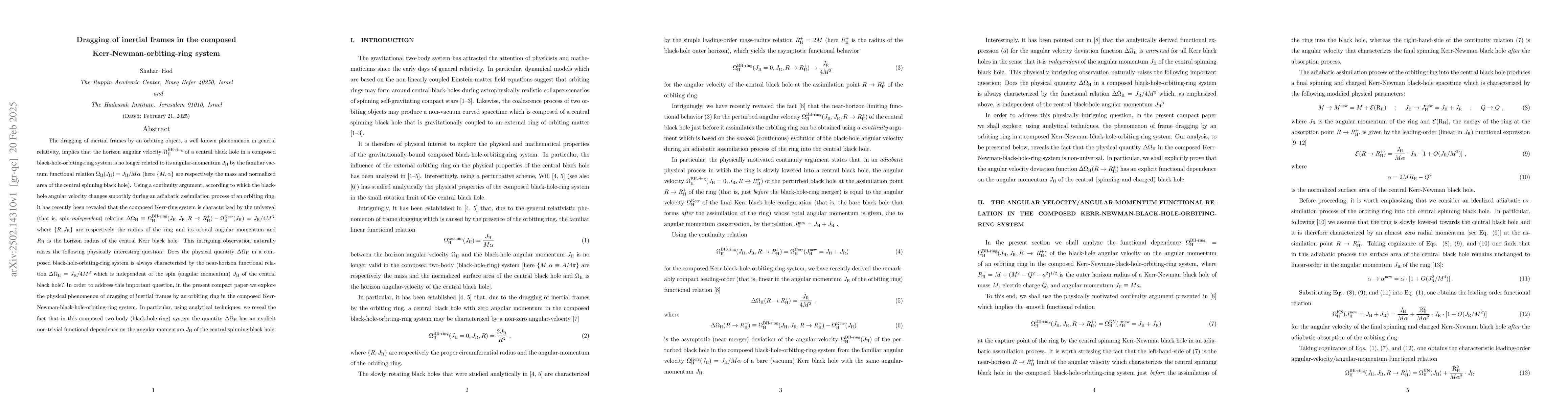 Thumbnail for Dragging of inertial frames in the composed Kerr-Newman-orbiting-ring
  system