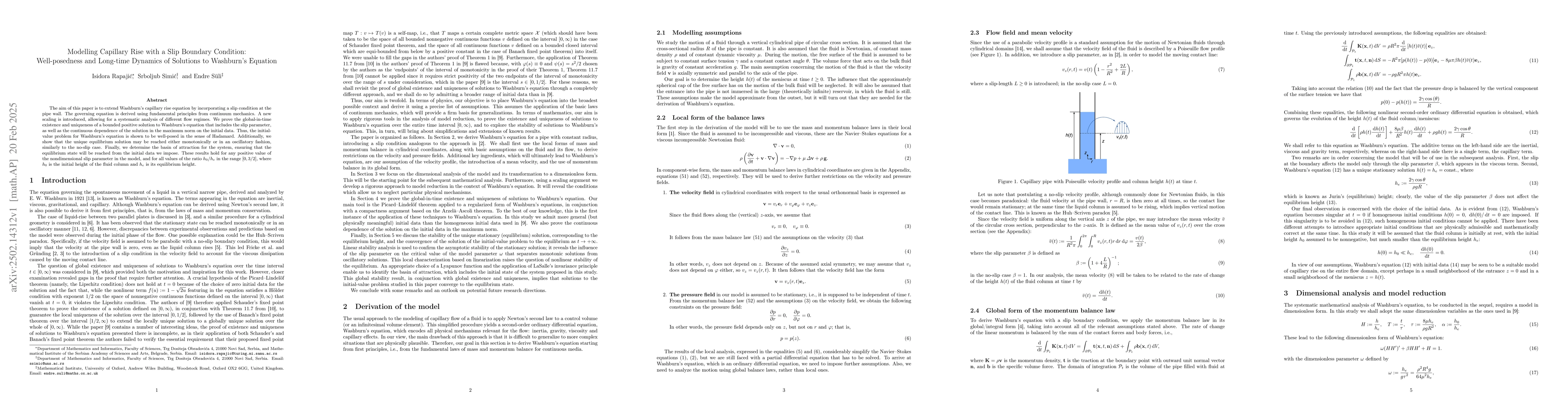 Thumbnail for Modelling Capillary Rise with a Slip Boundary Condition: Well-posedness
  and Long-time Dynamics of Solutions to Washburn's Equation