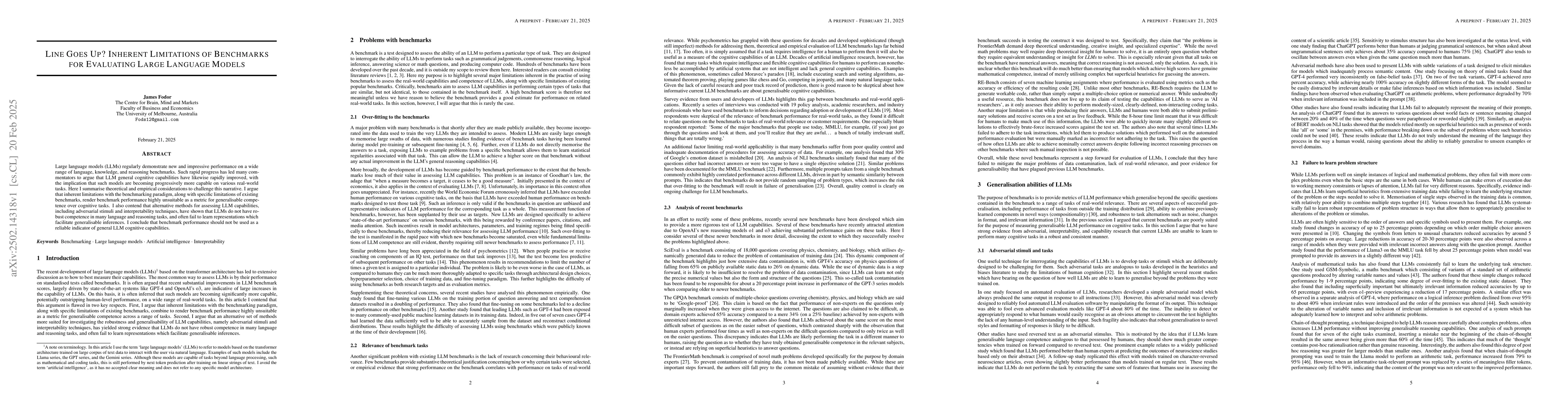 Thumbnail for Line Goes Up? Inherent Limitations of Benchmarks for Evaluating Large
  Language Models
