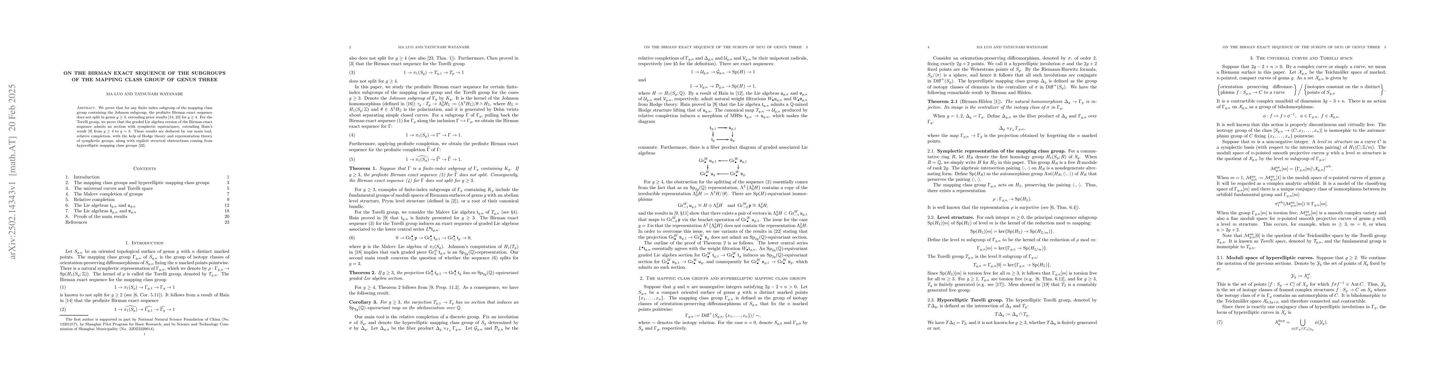 Thumbnail for On the Birman exact sequence of the subgroups of the mapping class group
  of genus three