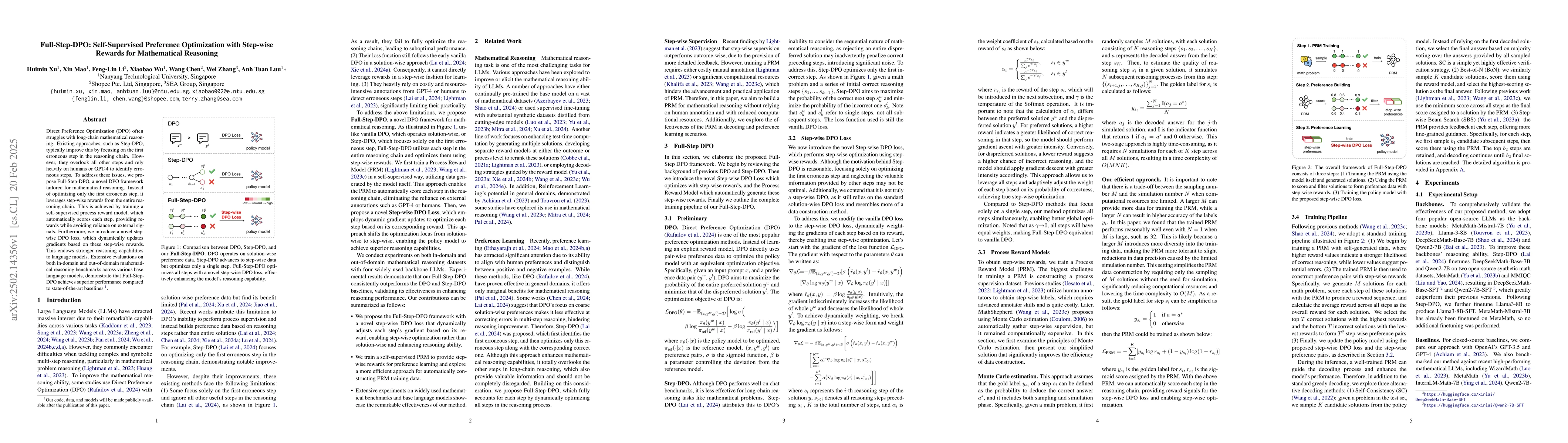 Thumbnail for Full-Step-DPO: Self-Supervised Preference Optimization with Step-wise
  Rewards for Mathematical Reasoning