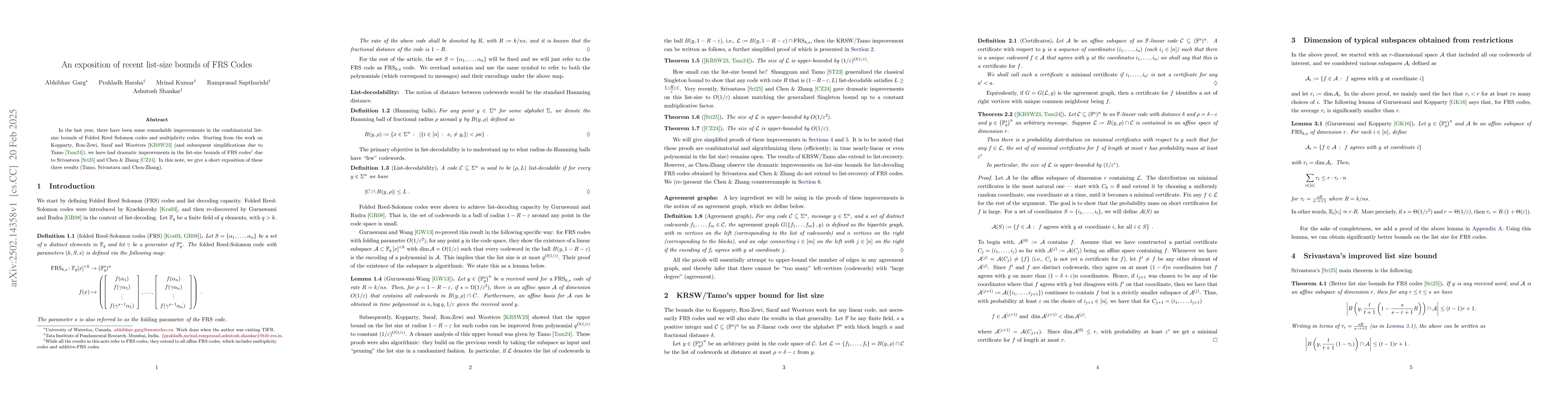Thumbnail for An exposition of recent list-size bounds of FRS Codes