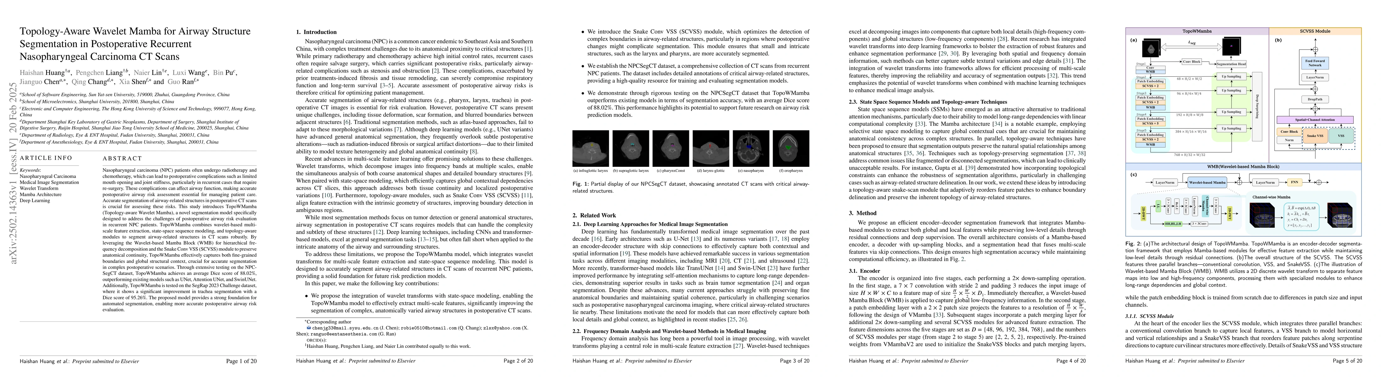 Thumbnail for Topology-Aware Wavelet Mamba for Airway Structure Segmentation in
  Postoperative Recurrent Nasopharyngeal Carcinoma CT Scans