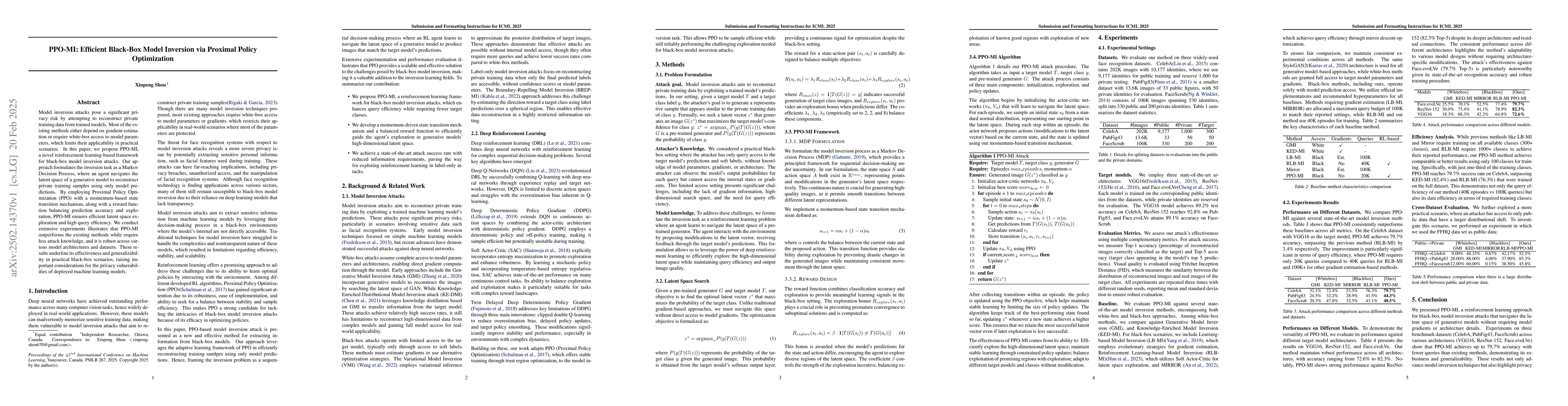 Thumbnail for PPO-MI: Efficient Black-Box Model Inversion via Proximal Policy
  Optimization