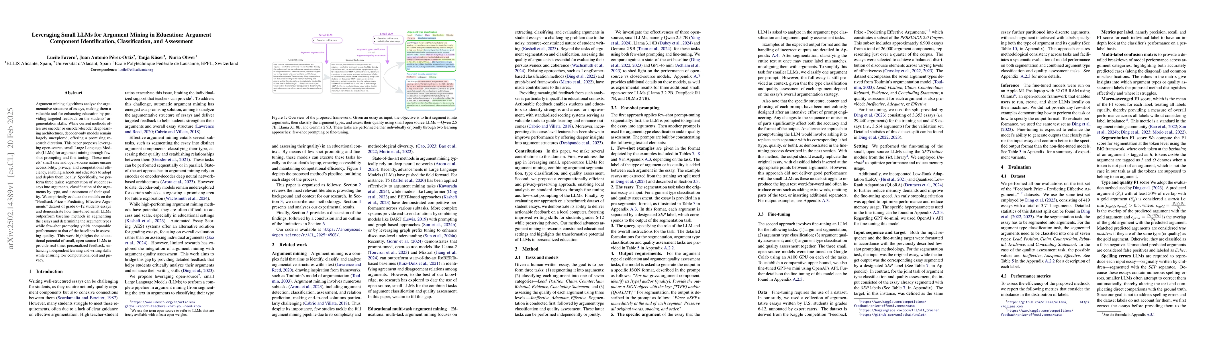 Thumbnail for Leveraging Small LLMs for Argument Mining in Education: Argument
  Component Identification, Classification, and Assessment