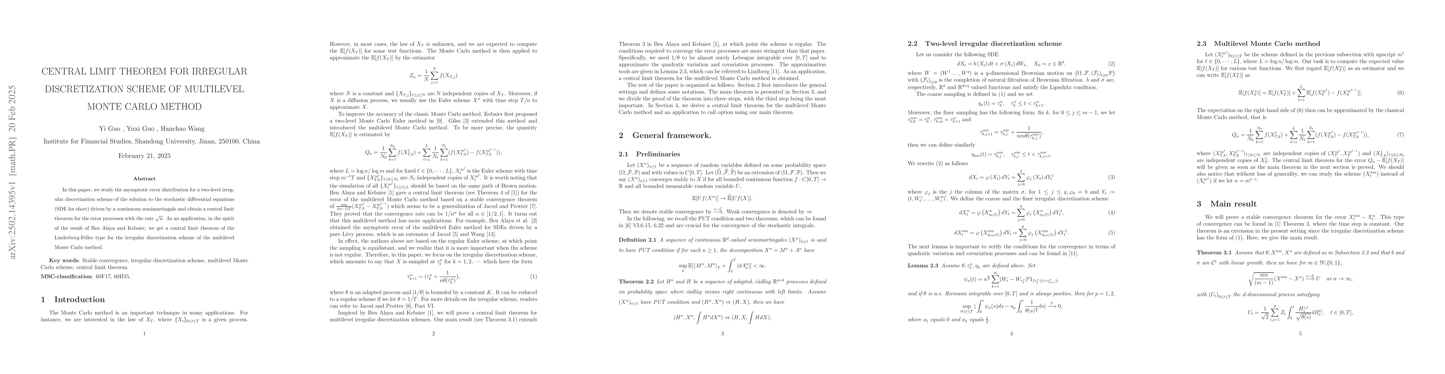 Thumbnail for Central Limit Theorem for Irregular Discretization Scheme of Multilevel
  Monte Carlo Method