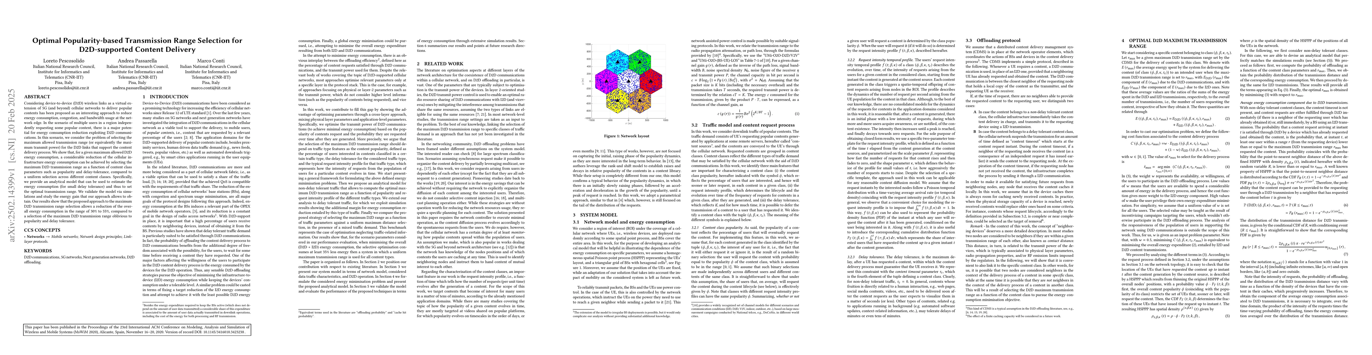 Thumbnail for Optimal Popularity-based Transmission Range Selection for D2D-supported
  Content Delivery