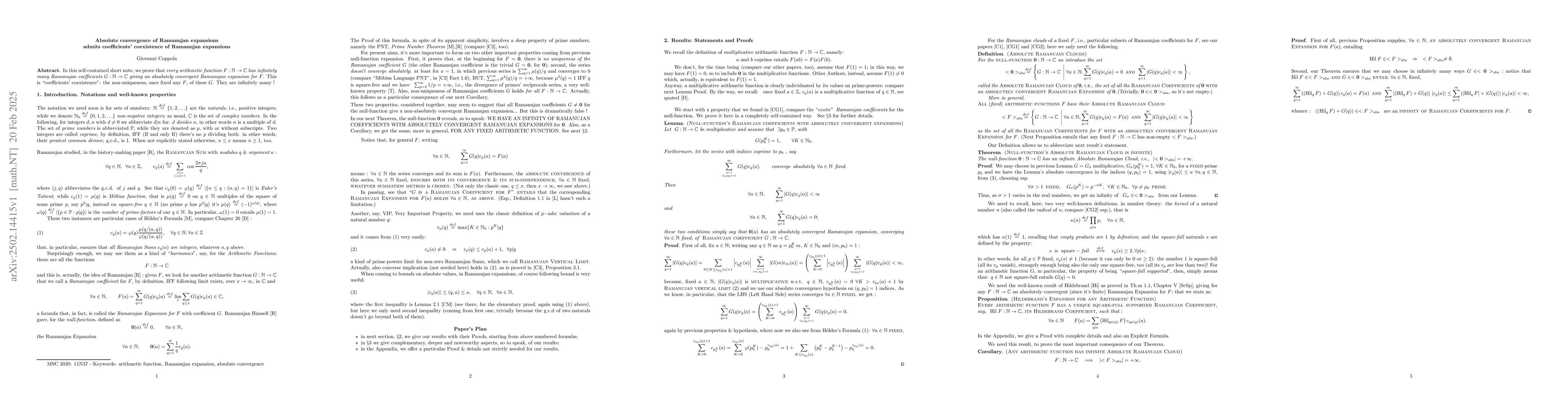 Thumbnail for Absolute convergence of Ramanujan expansions admits coefficients'
  coexistence of Ramanujan expansions