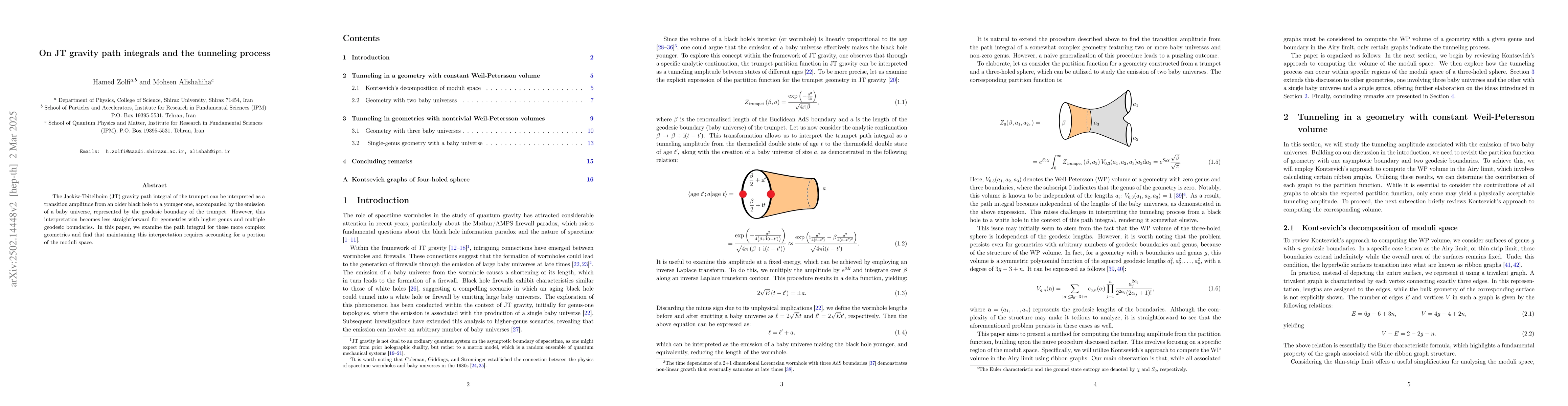 Thumbnail for On JT gravity path integrals and the tunneling process