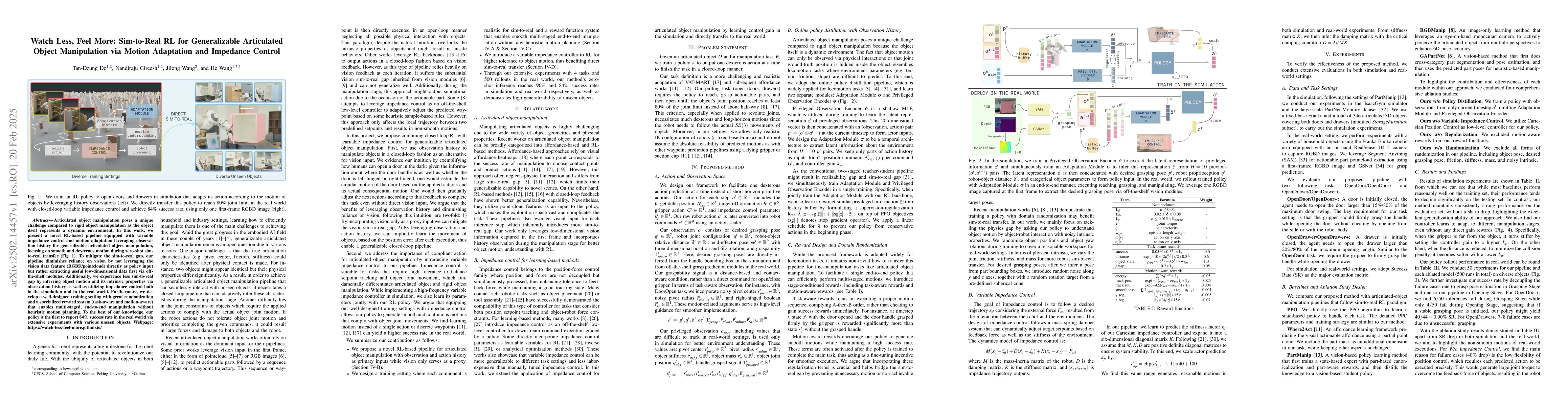 Thumbnail for Watch Less, Feel More: Sim-to-Real RL for Generalizable Articulated
  Object Manipulation via Motion Adaptation and Impedance Control
