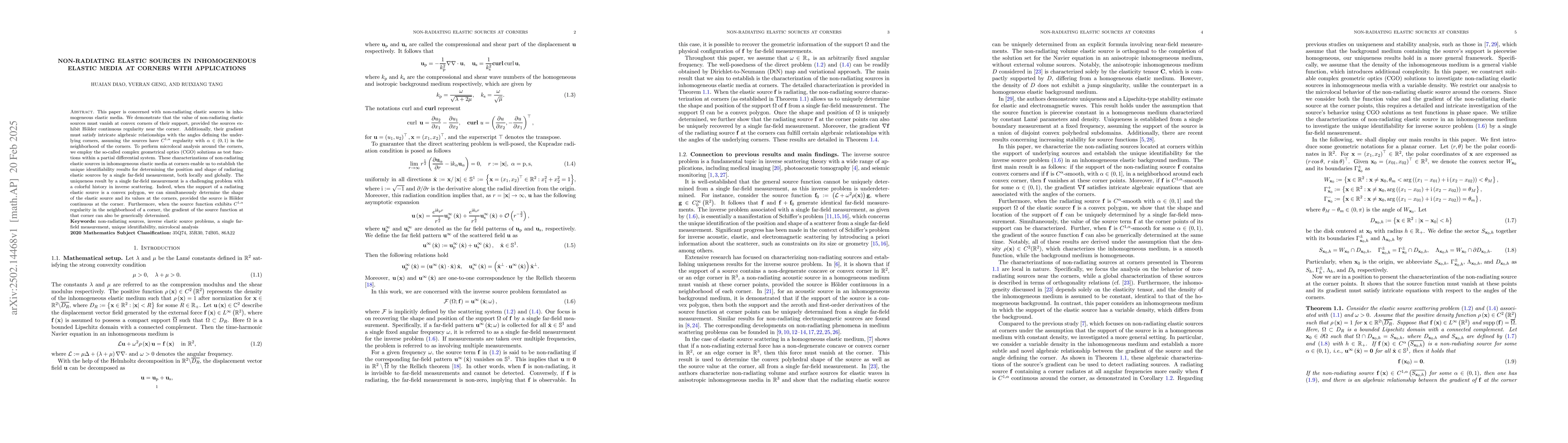 Thumbnail for Non-radiating elastic sources in inhomogeneous elastic media at corners
  with applications