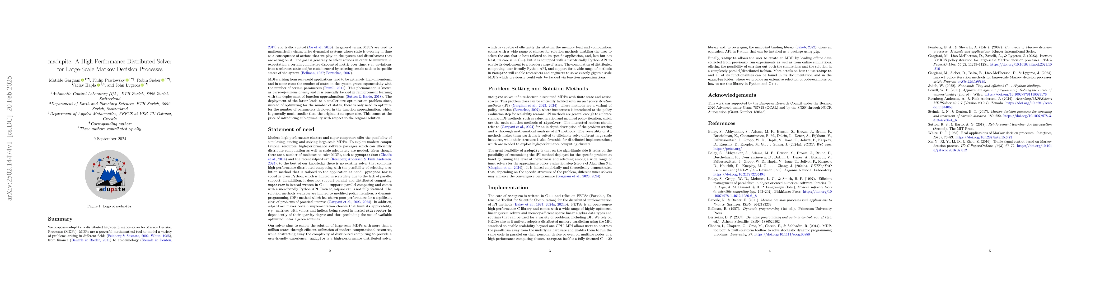Thumbnail for madupite: A High-Performance Distributed Solver for Large-Scale Markov
  Decision Processes