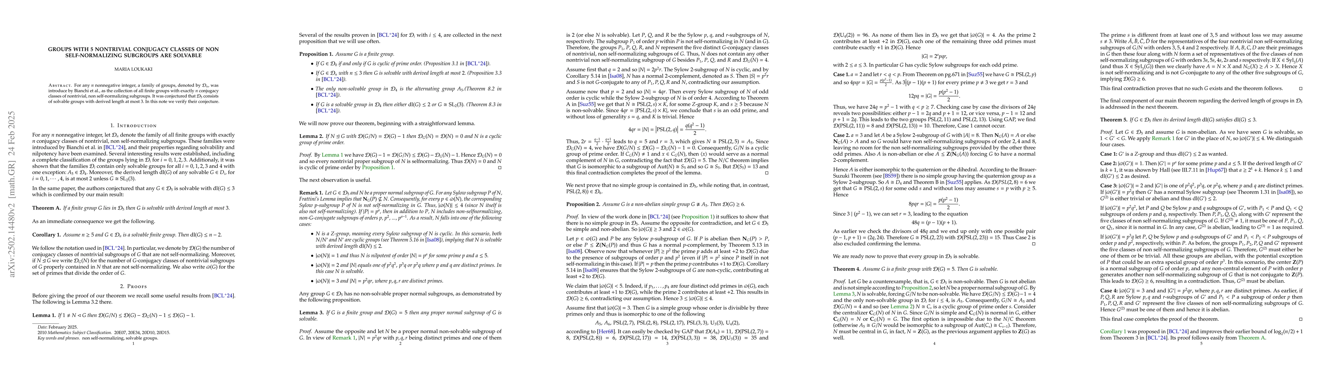 Thumbnail for Groups with 5 nontrivial conjugacy classes of non self-normalizing
  subgroups are solvable