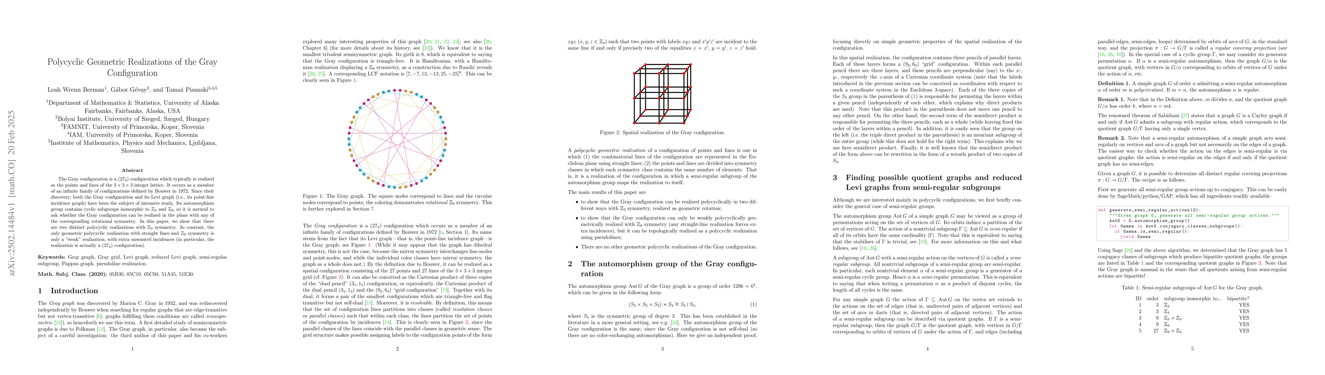 Thumbnail for Polycyclic Geometric Realizations of the Gray Configuration