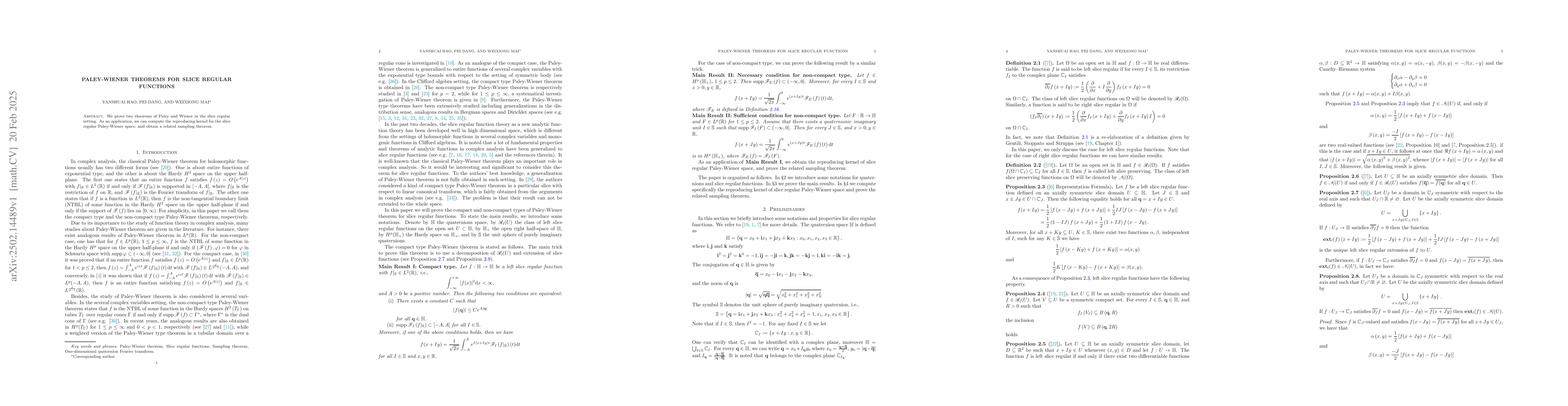 Thumbnail for Paley-Wiener Theorems For Slice Regular Functions