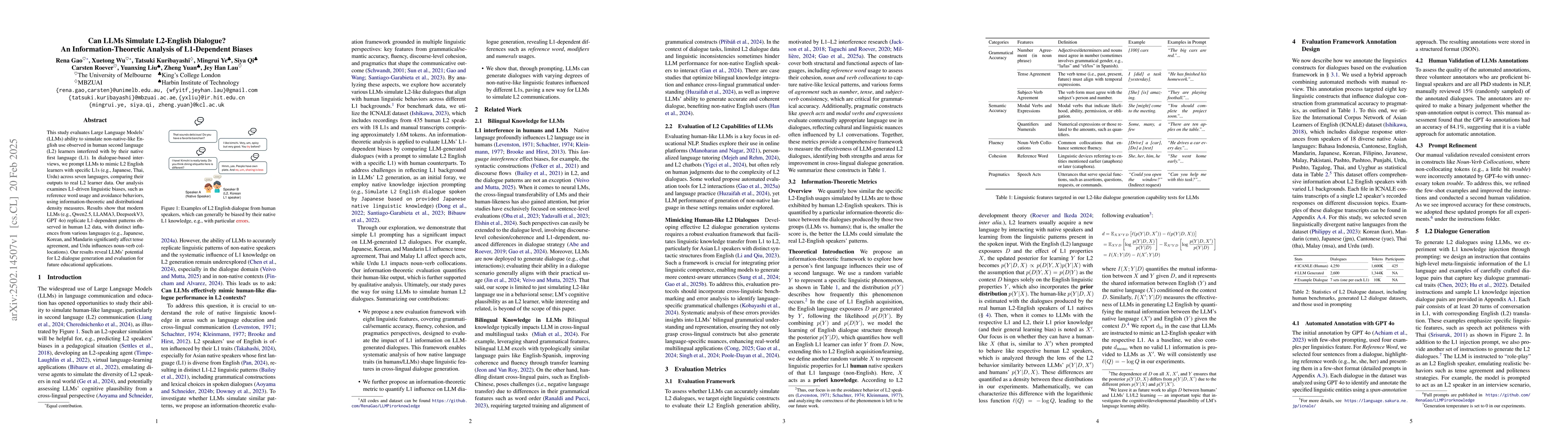 Thumbnail for Can LLMs Simulate L2-English Dialogue? An Information-Theoretic Analysis
  of L1-Dependent Biases