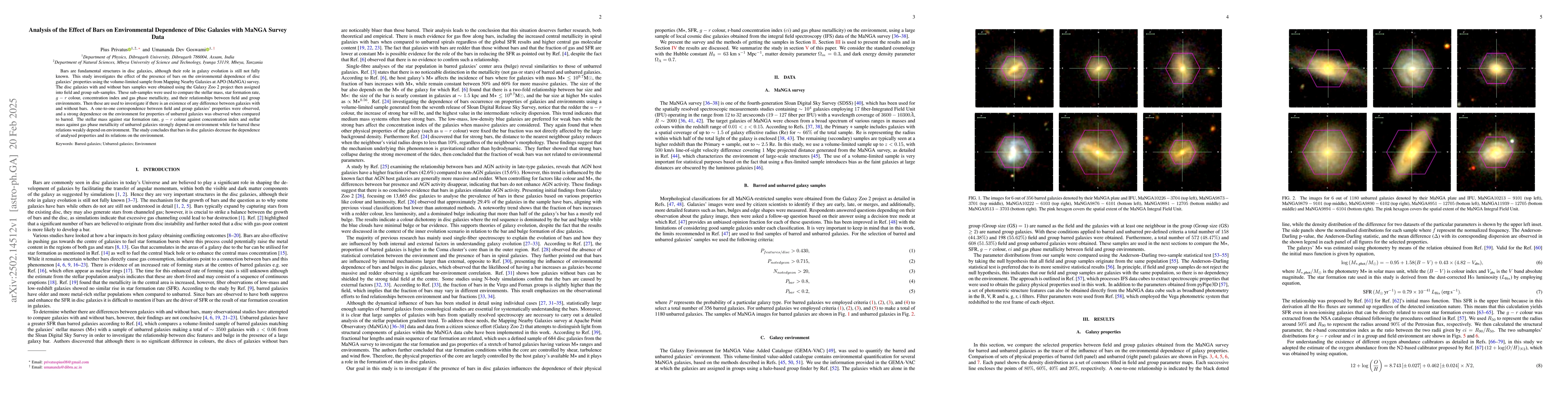 Thumbnail for Analysis of the Effect of Bars on Environmental Dependence of Disc
  Galaxies with MaNGA Survey Data