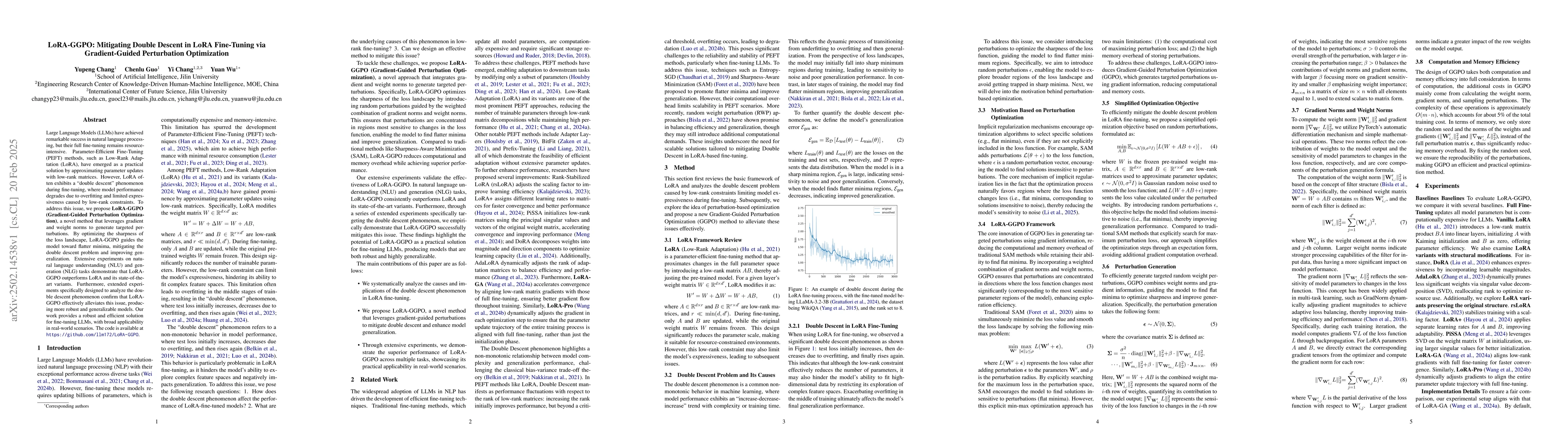 Thumbnail for LoRA-GGPO: Mitigating Double Descent in LoRA Fine-Tuning via
  Gradient-Guided Perturbation Optimization