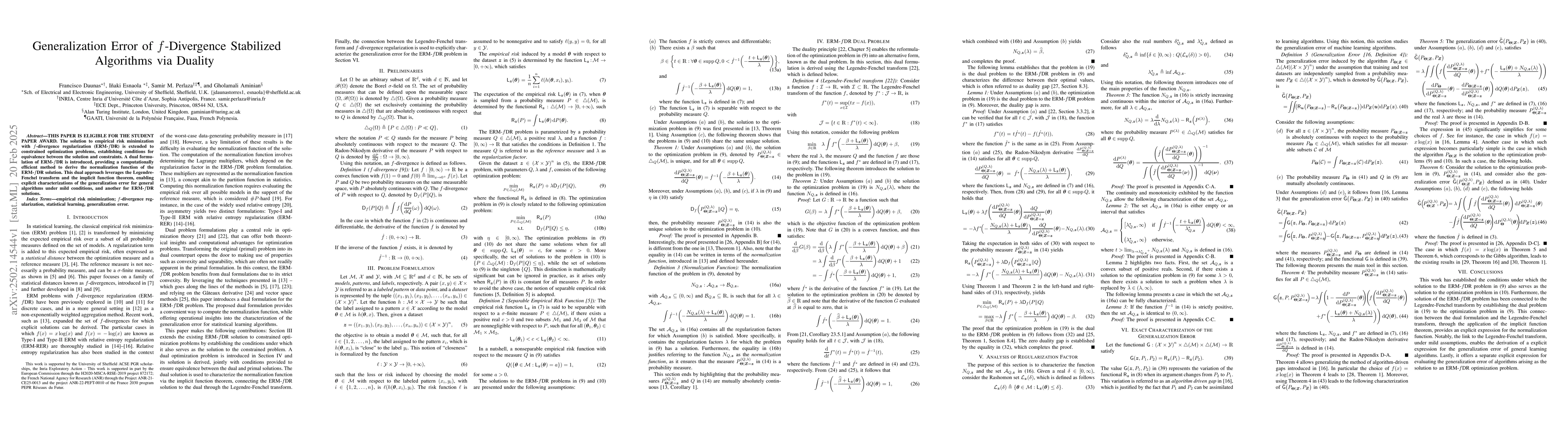 Thumbnail for Generalization Error of $f$-Divergence Stabilized Algorithms via Duality