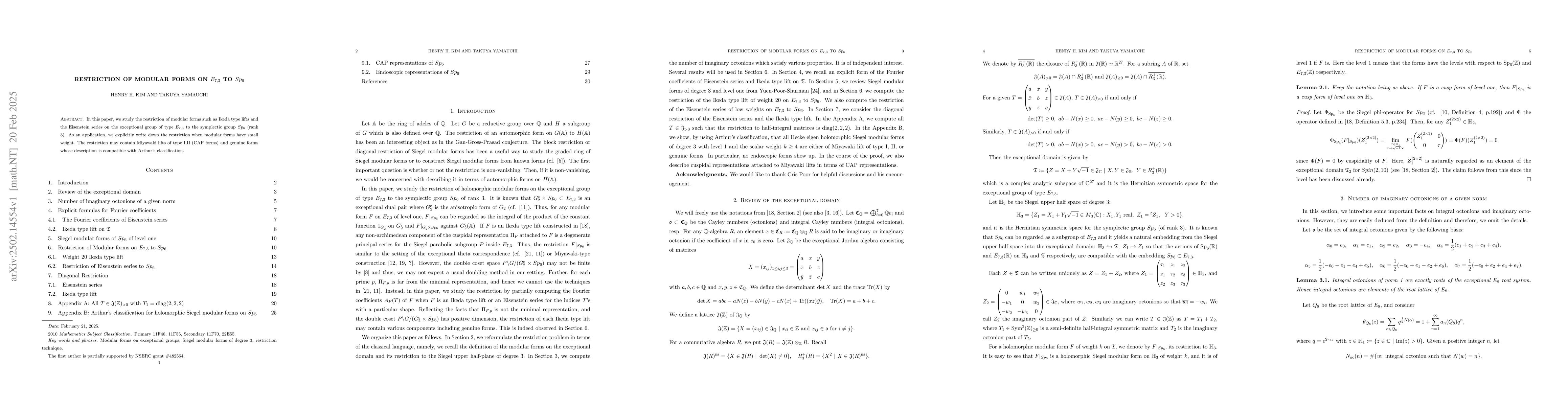 Thumbnail for Restriction of modular forms on $E_{7,3}$ to $Sp_6$