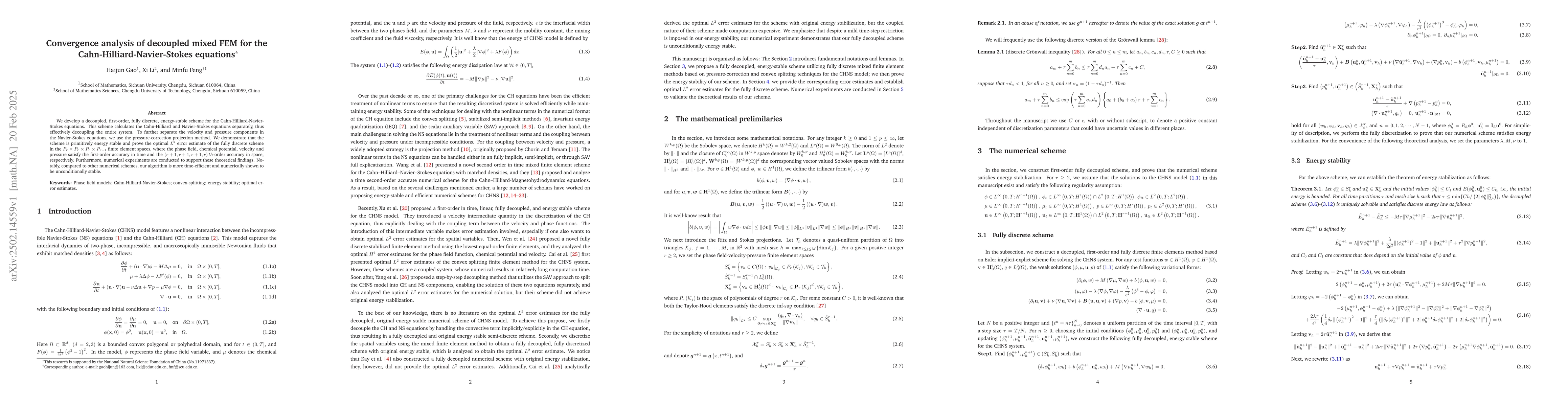 Thumbnail for Convergence analysis of decoupled mixed FEM for the
  Cahn-Hilliard-Navier-Stokes equations