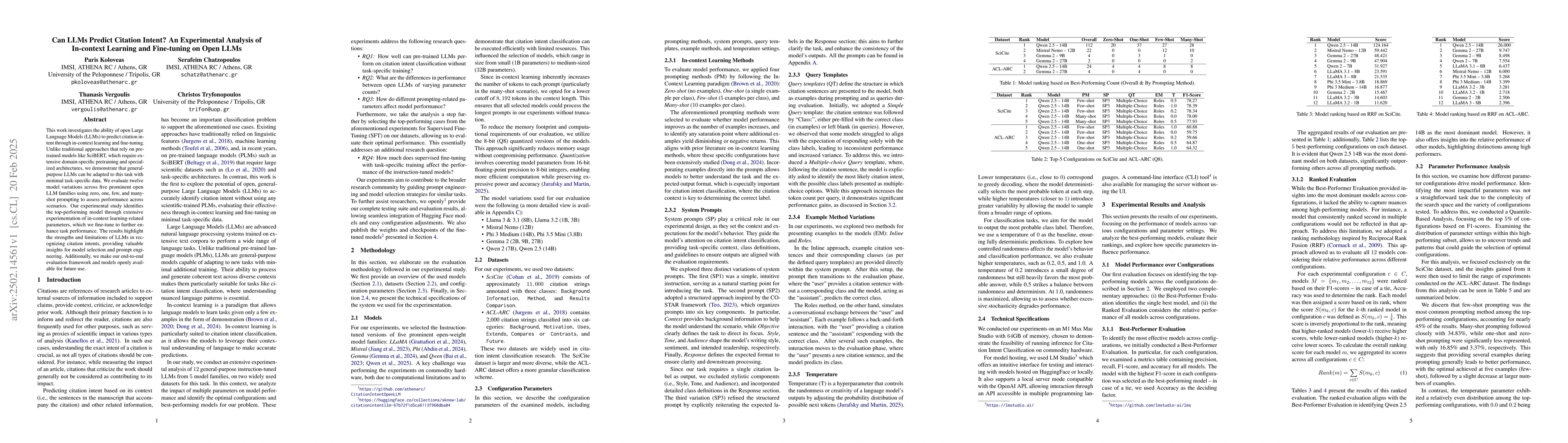 Thumbnail for Can LLMs Predict Citation Intent? An Experimental Analysis of In-context
  Learning and Fine-tuning on Open LLMs
