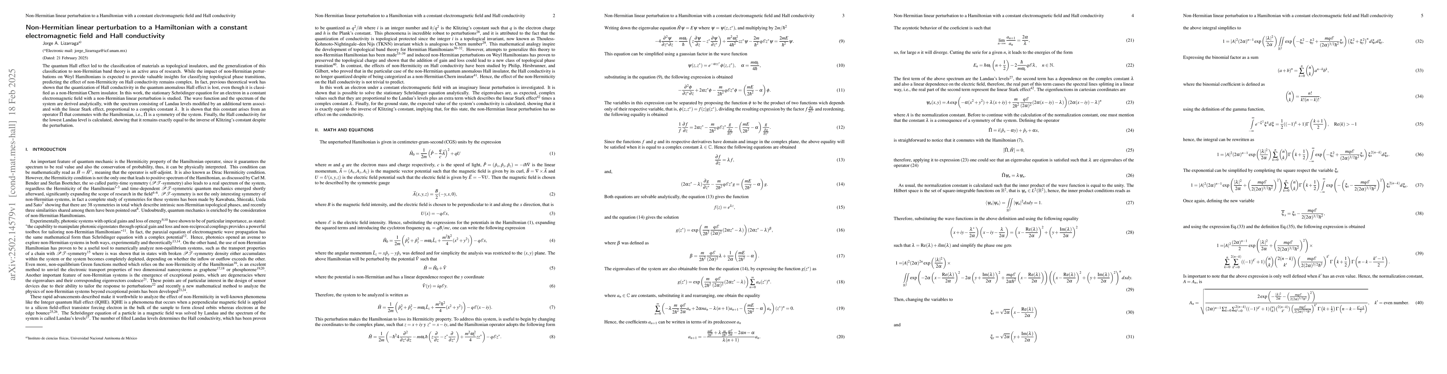Thumbnail for Non-Hermitian linear perturbation to a Hamiltonian with a constant
  electromagnetic field and Hall conductivity