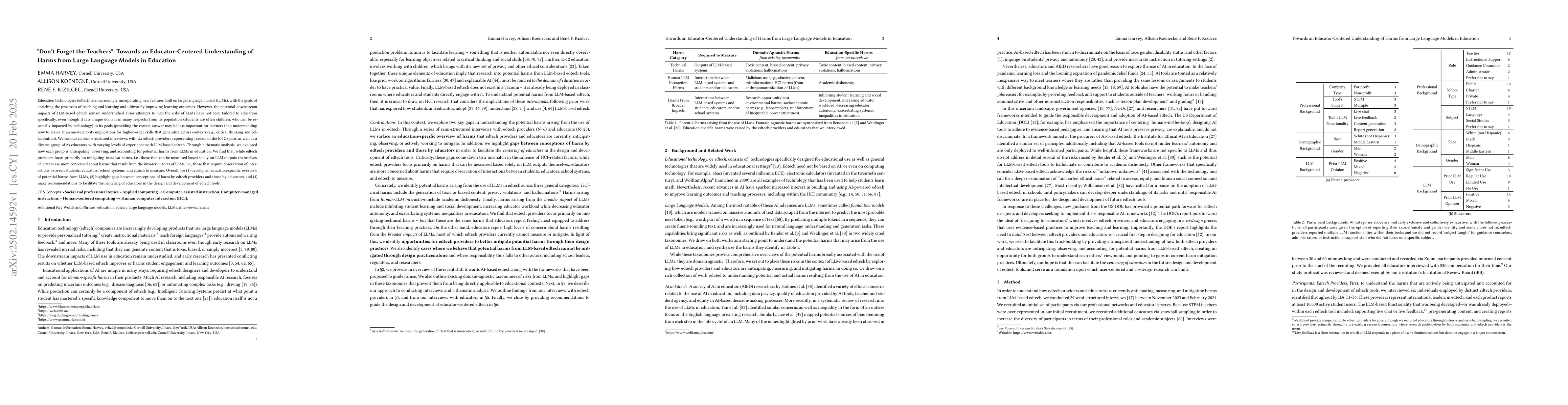 Thumbnail for "Don't Forget the Teachers": Towards an Educator-Centered Understanding
  of Harms from Large Language Models in Education