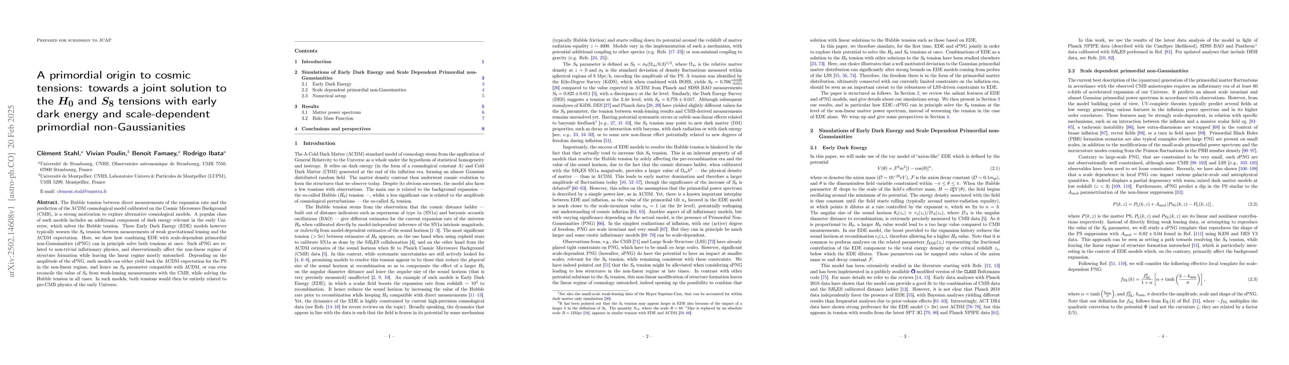 Thumbnail for A primordial origin to cosmic tensions: towards a joint solution to the
  $H_0$ and $S_8$ tensions with early dark energy and scale-dependent
  primordial non-Gaussianities