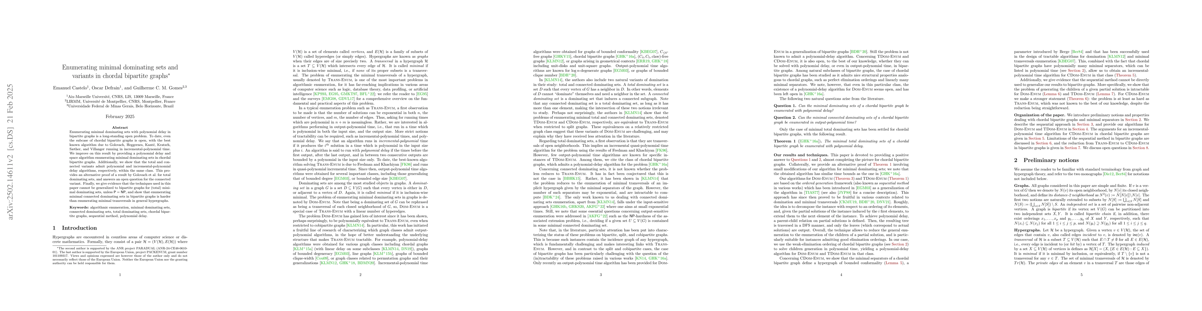 Thumbnail for Enumerating minimal dominating sets and variants in chordal bipartite
  graphs
