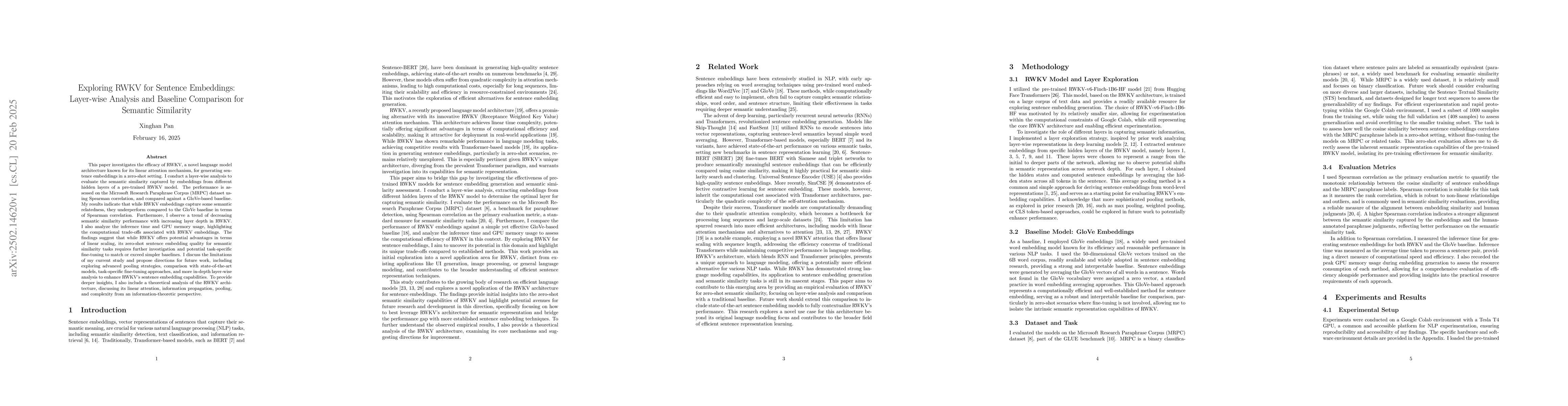 Thumbnail for Exploring RWKV for Sentence Embeddings: Layer-wise Analysis and Baseline
  Comparison for Semantic Similarity