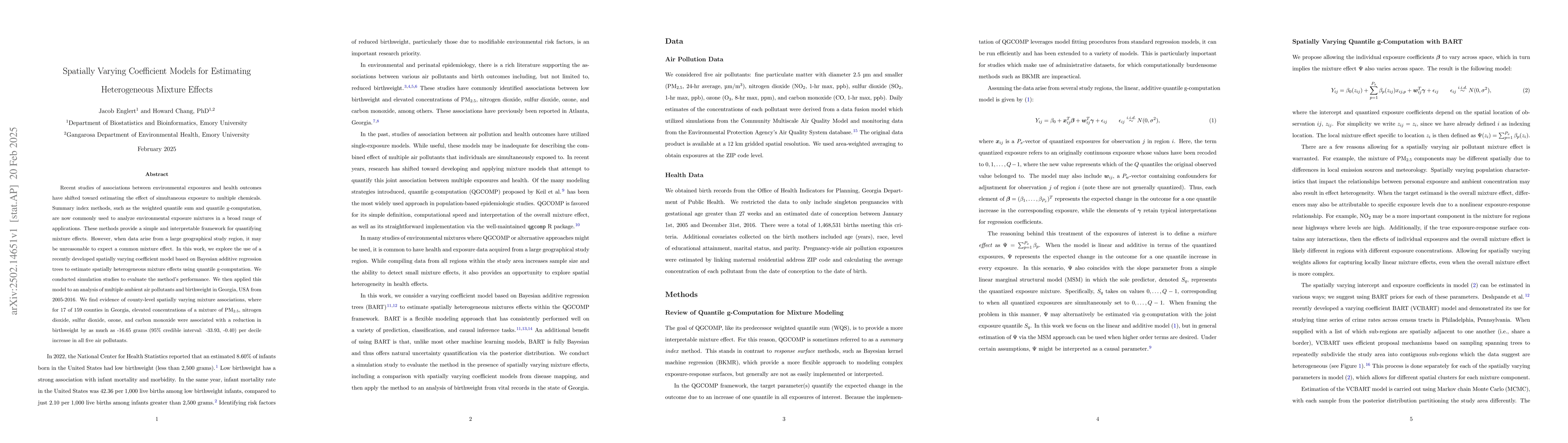 Thumbnail for Spatially Varying Coefficient Models for Estimating Heterogeneous
  Mixture Effects
