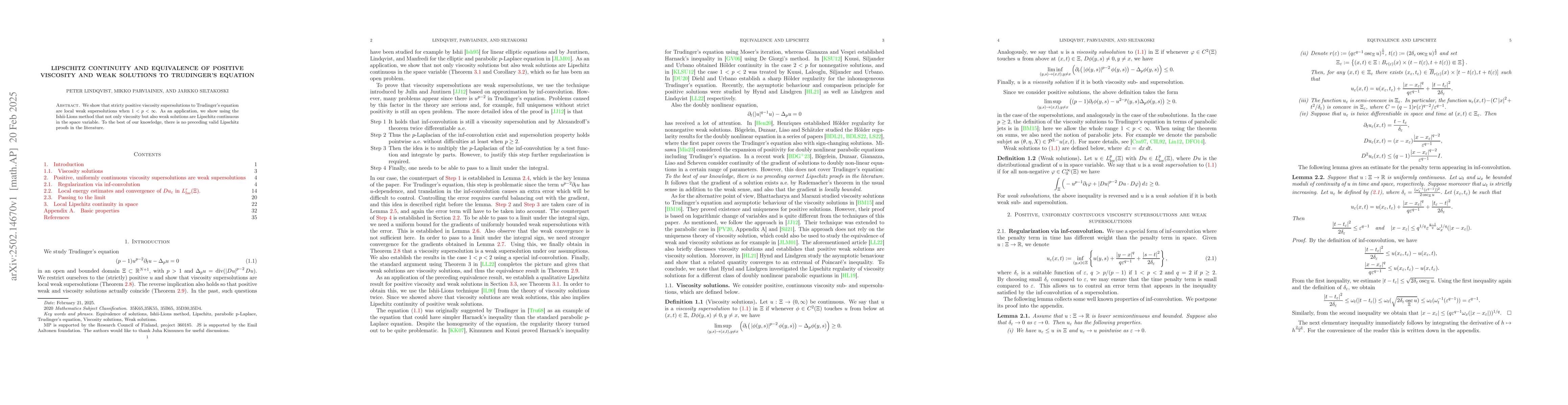 Thumbnail for Lipschitz continuity and equivalence of positive viscosity and weak
  solutions to Trudinger's equation