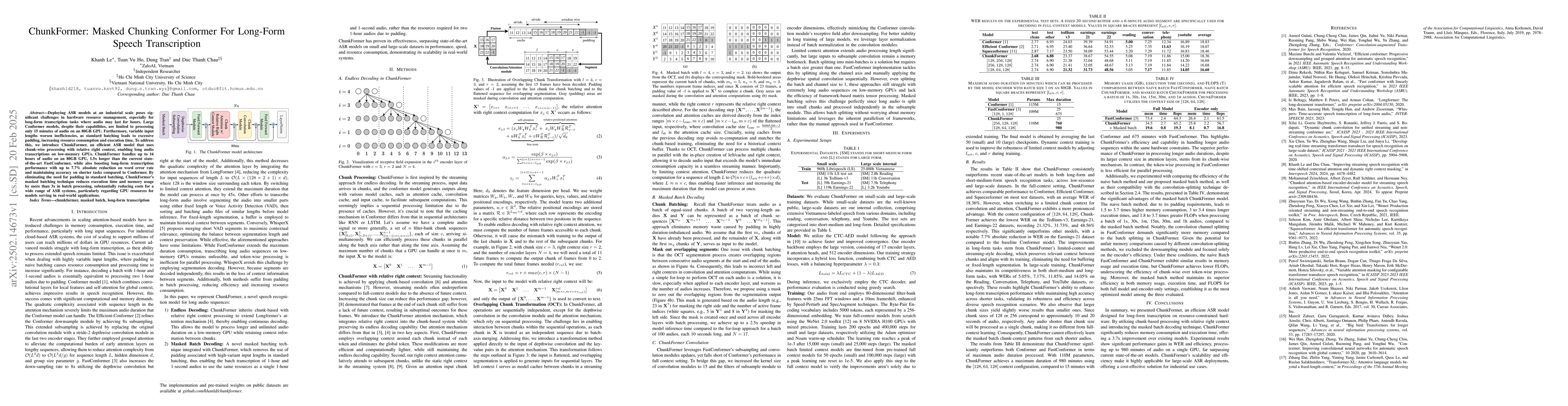 Thumbnail for ChunkFormer: Masked Chunking Conformer For Long-Form Speech
  Transcription