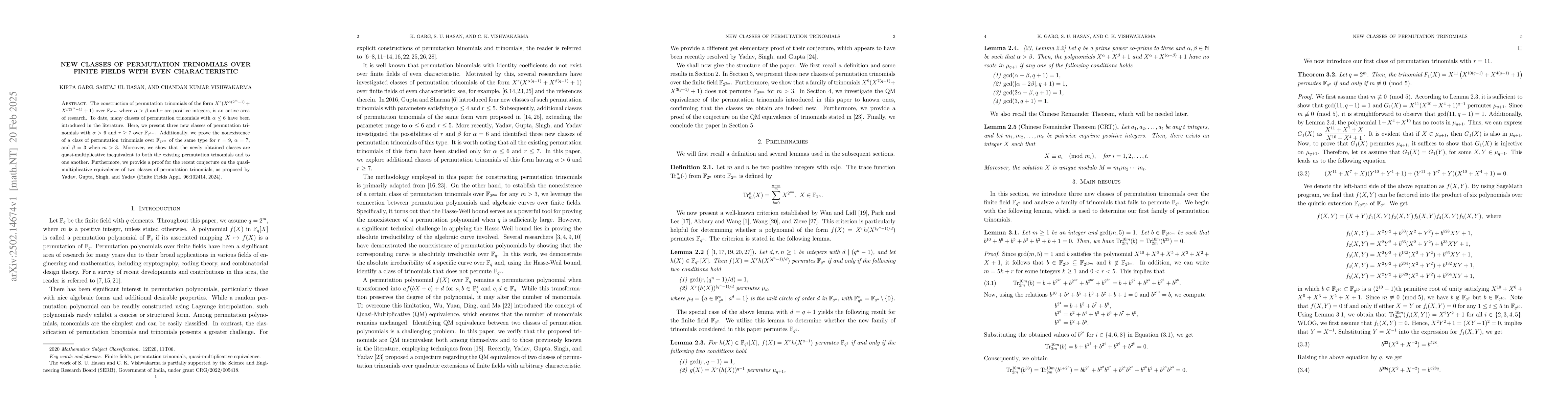 Thumbnail for New classes of permutation trinomials over finite fields with even
  characteristic