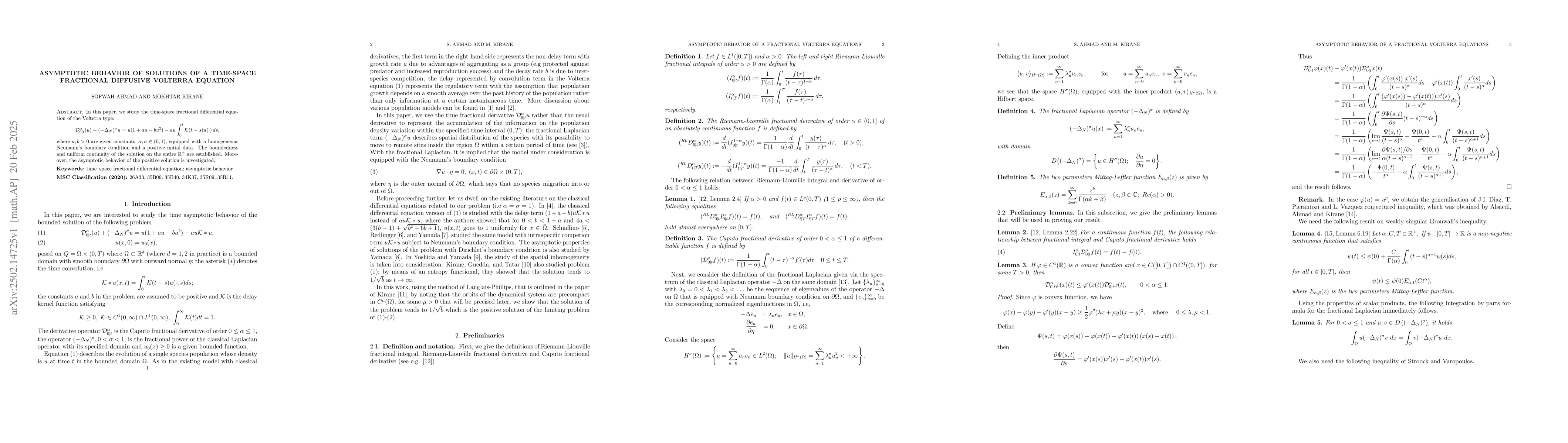 Thumbnail for Asymptotic behavior of solutions of a time-space fractional diffusive
  Volterra equation