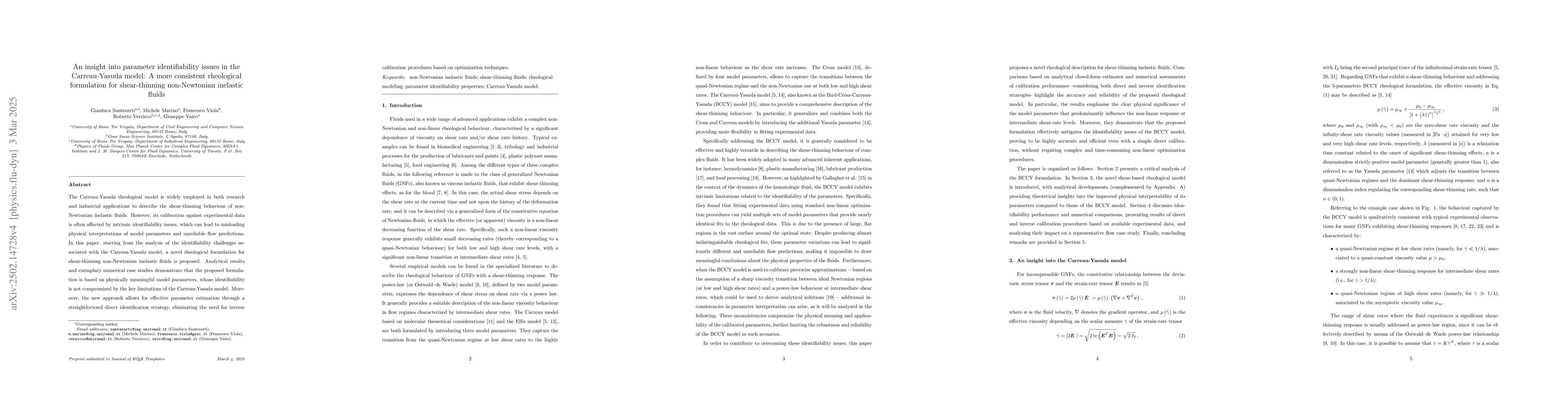 Thumbnail for An Insight into Parameter Identifiability Issues in the Carreau-Yasuda
  Model: a More Consistent Rheological Formulation for Shear-thinning
  non-Newtonian Inelastic Fluids