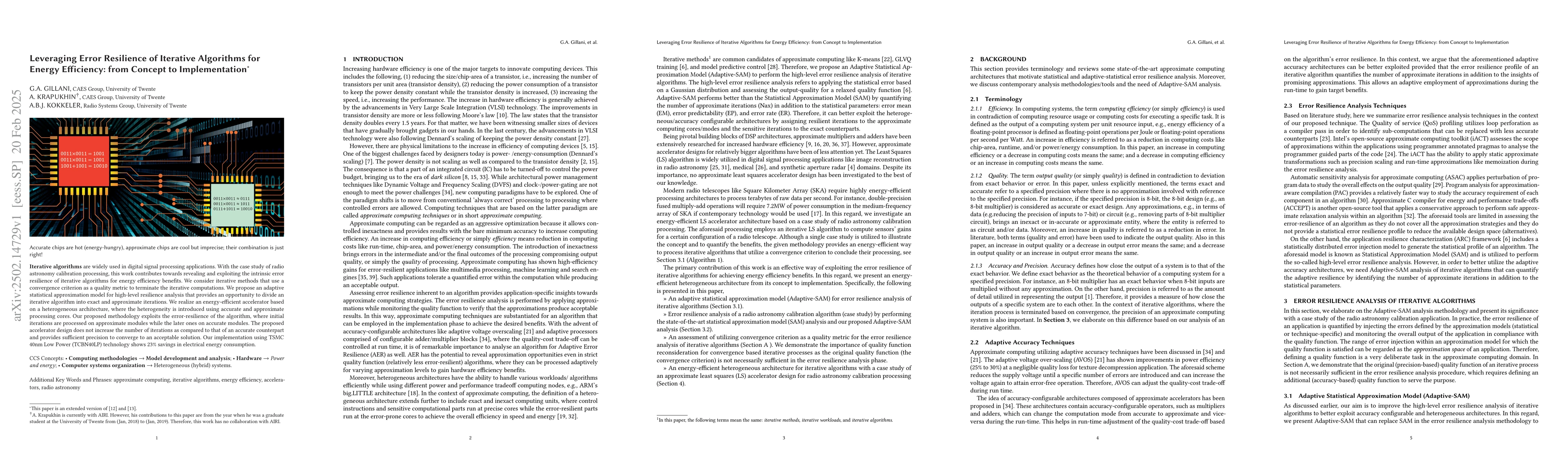 Thumbnail for Leveraging Error Resilience of Iterative Algorithms for Energy
  Efficiency: from Concept to Implementation