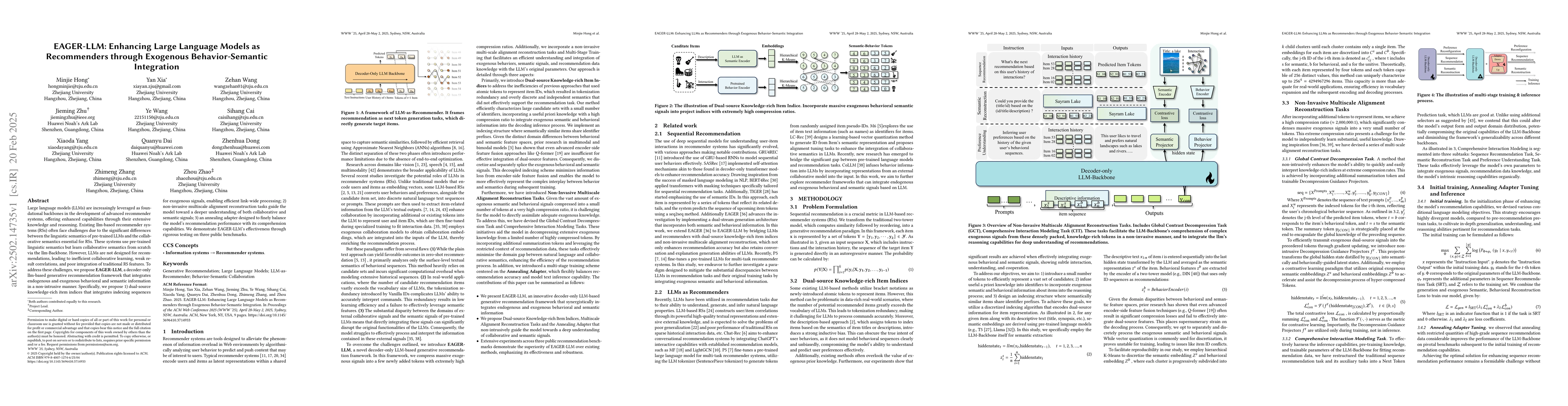 Thumbnail for EAGER-LLM: Enhancing Large Language Models as Recommenders through
  Exogenous Behavior-Semantic Integration