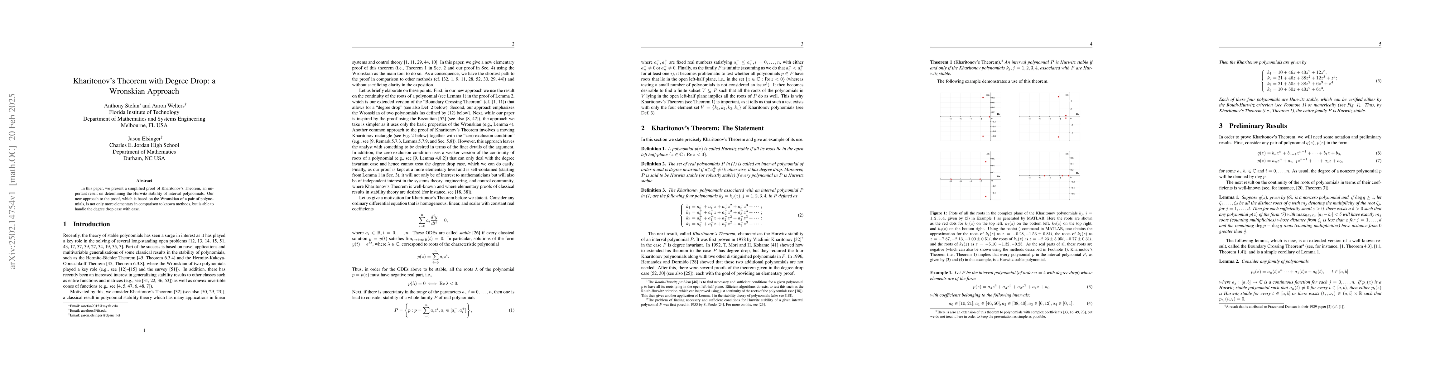 Thumbnail for Kharitonov's Theorem with Degree Drop: a Wronskian Approach