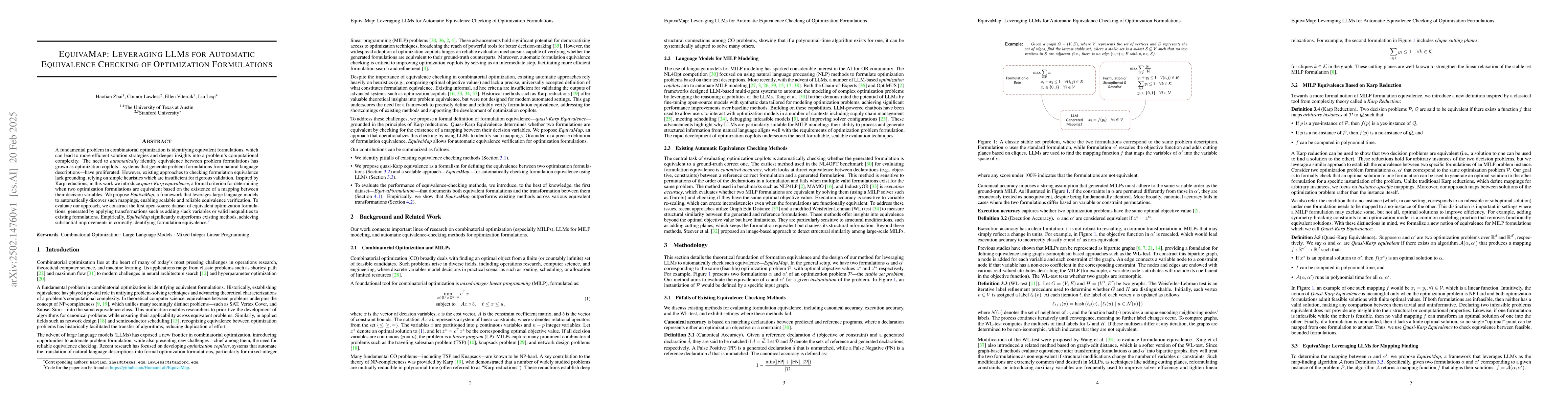 Thumbnail for EquivaMap: Leveraging LLMs for Automatic Equivalence Checking of
  Optimization Formulations