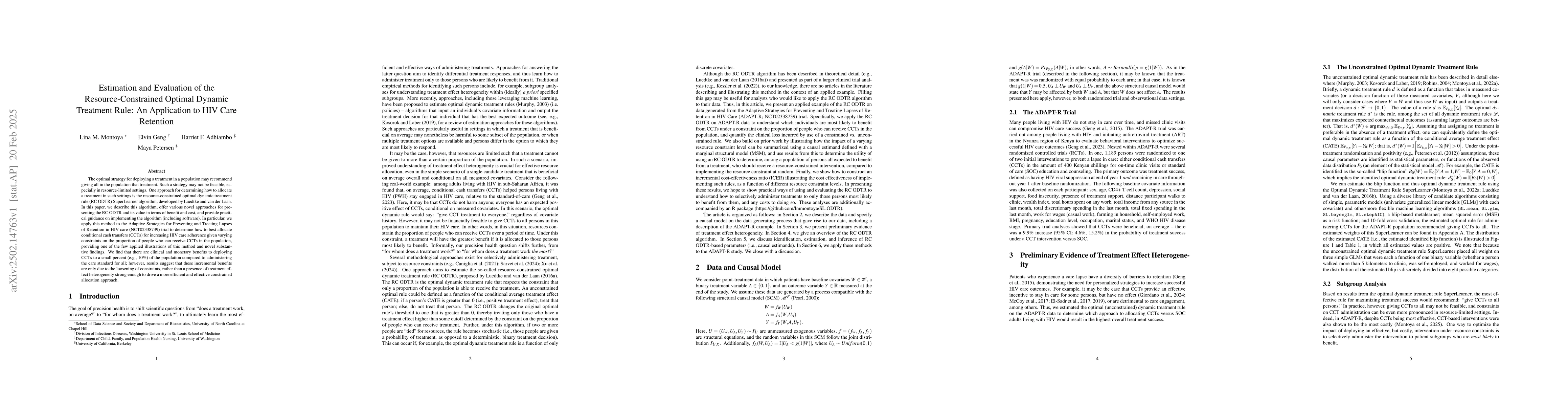 Thumbnail for Estimation and Evaluation of the Resource-Constrained Optimal Dynamic
  Treatment Rule: An Application to HIV Care Retention