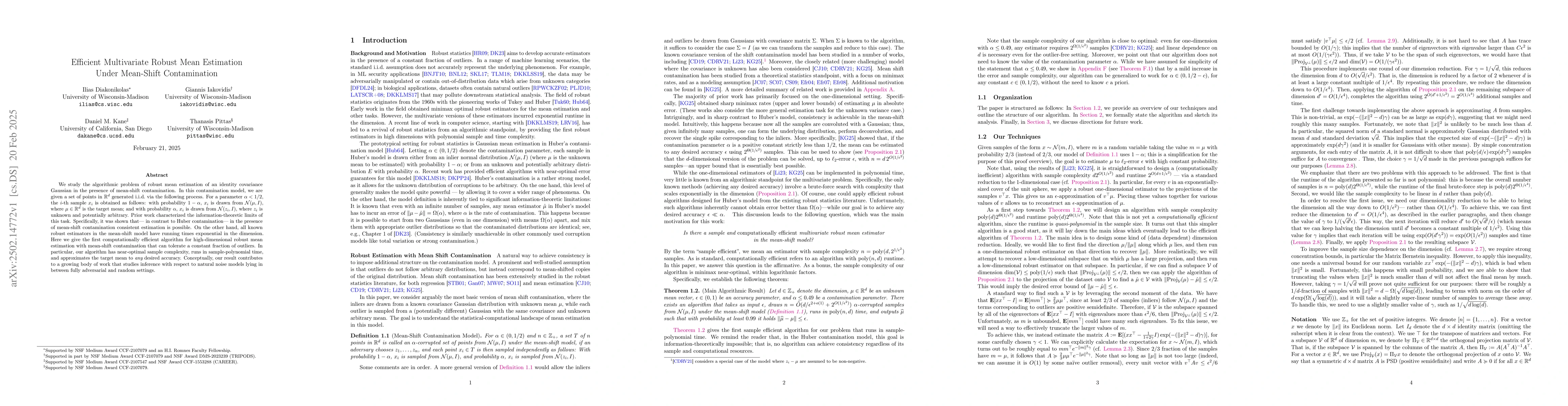 Thumbnail for Efficient Multivariate Robust Mean Estimation Under Mean-Shift
  Contamination