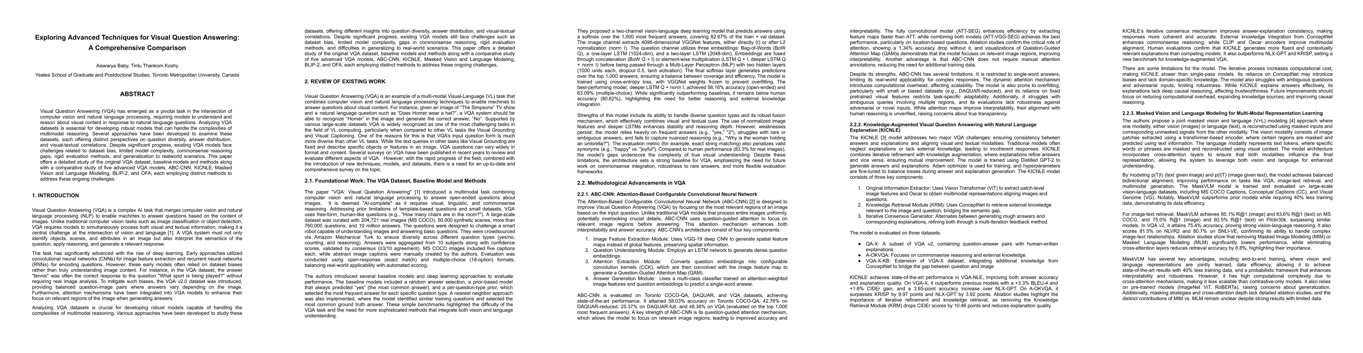 Thumbnail for Exploring Advanced Techniques for Visual Question Answering: A
  Comprehensive Comparison