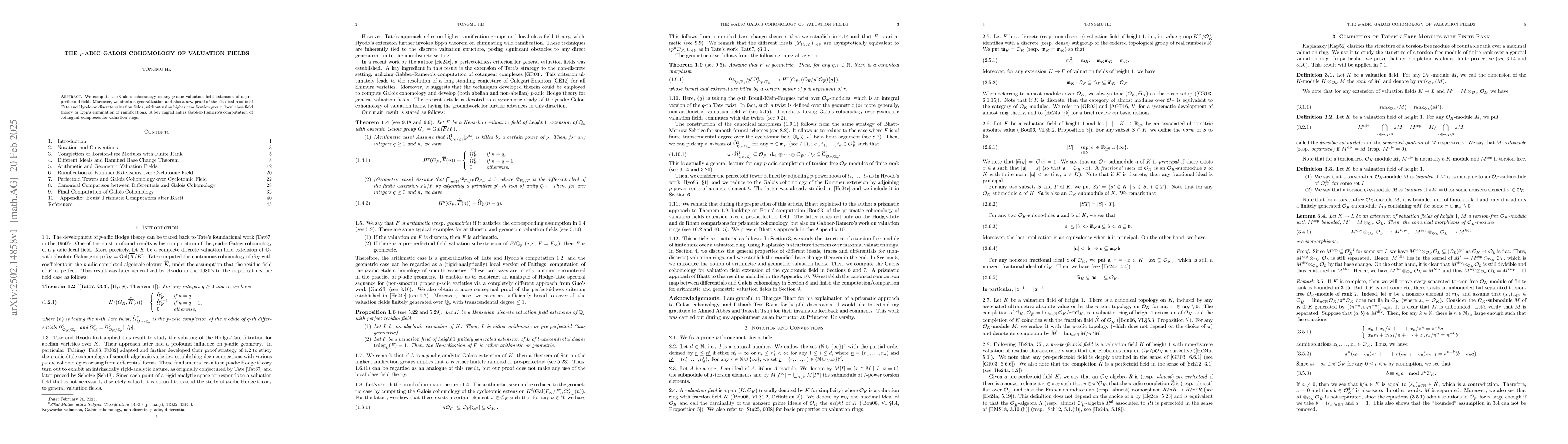 Thumbnail for The $p$-adic Galois Cohomology of Valuation Fields