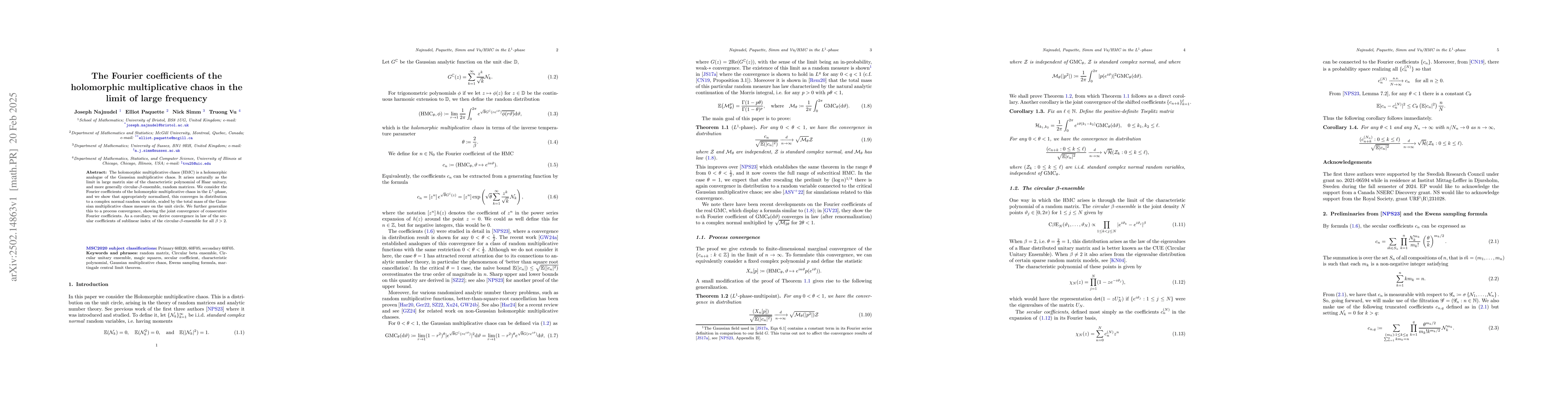Thumbnail for The Fourier coefficients of the holomorphic multiplicative chaos in the
  limit of large frequency